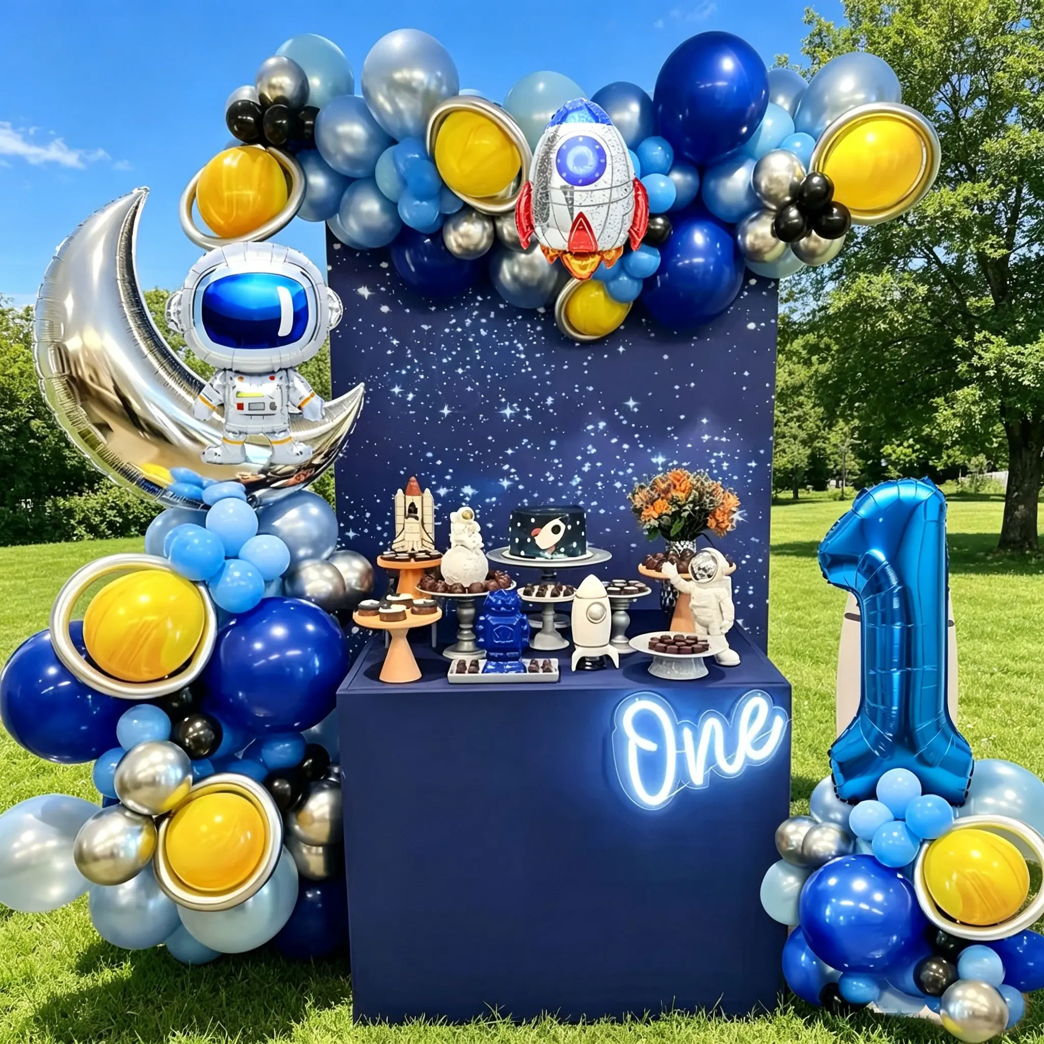 108 Piece Space Theme Birthday Balloon Arch Set, Birthday Party Decorations, Includes Blue Numbers, Astronaut/rocket Balloons, Latex Balloons, Long Strips, Agate Balloons