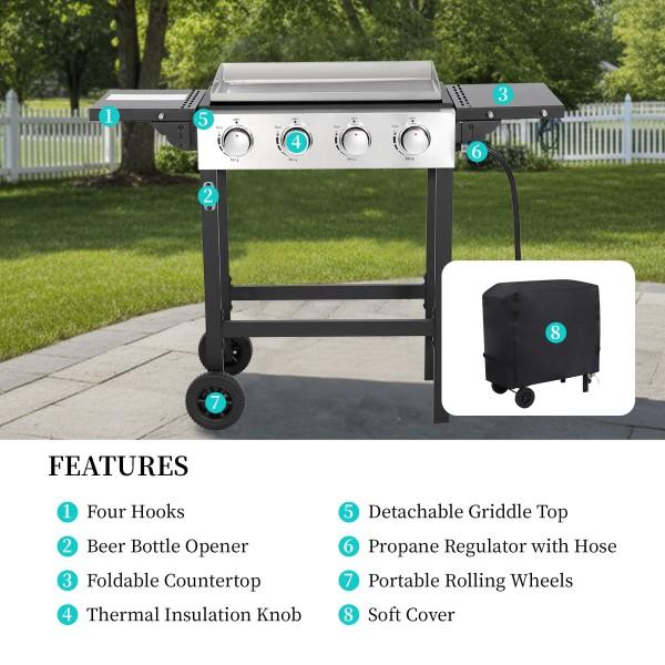 Propane Gas Griddle 4-Burner, Flat Top Grill Griddle, Outdoor Gas Stove with Foldable Side Tables, Wheels - 40,000 BTUs Output, 291 sq.in Cooking Area, for Patio Barbecue, Backyard, BBQ