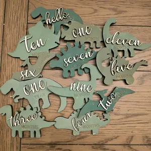 Dinosaur shaped Monthly Milestones, 3D Wooden dinosaurs babies first year Newborn to 1 Year