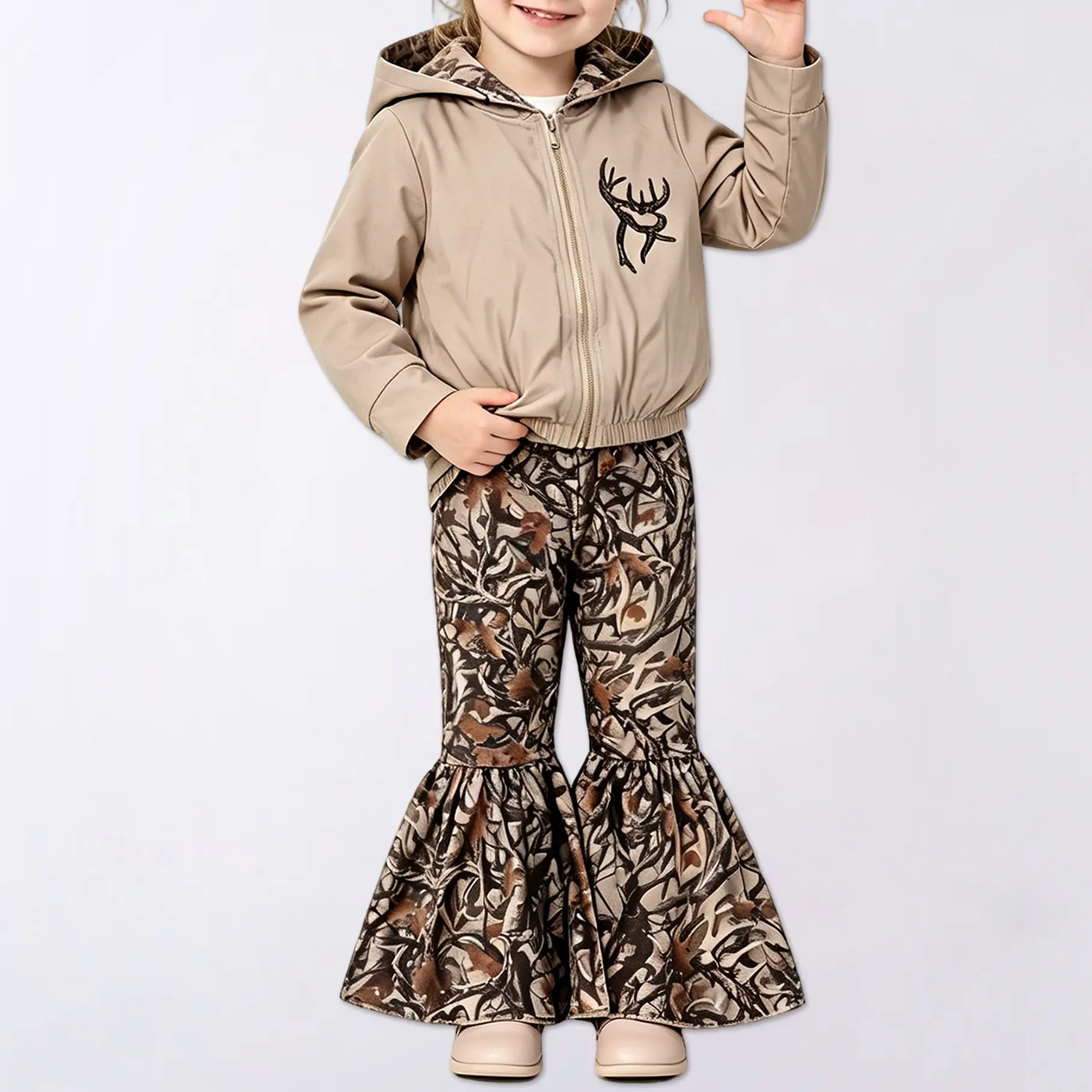 Fall Brown Camo Deer Print Bell Pants Set Girls' Cozy Western Design Hoodie Jacket &