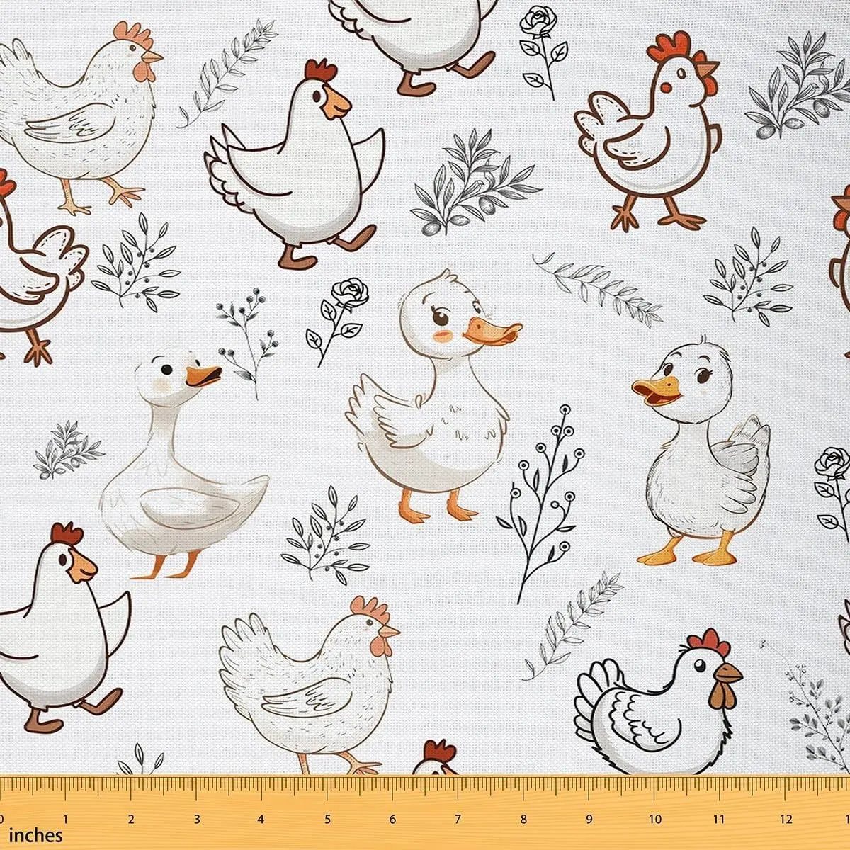 Cartoon Duck Chicken Fabric,Rural Farmhouse Animal Flannel Polyester Fabric,Wild Flowers Leaves Quilting Supplies Sewing,Cute Animals Decor DIY Crafts