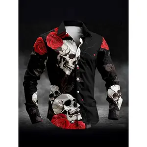 Men’s Bold Design | Men’s Stylish Long-Sleeve Button-Up Shirt with Skull & Rose Print — Black Gothic Streetwear, Casual Collar, Polyester Fabric, Perfect for Halloween or Edgy Outfits