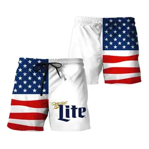 Vintage Miiller 4th off July US Flag Men's Hawaiian Short Light Beer Lovers Swim Trunks, Father's Day Aloha Gift for Him, Trendy Casual Breathable Surfing Beach Shorts Swimwear Menswear