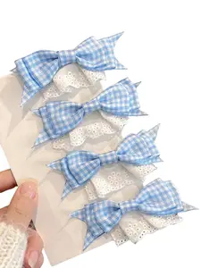 Vintage 4Pcs Gingham Bow Hair Clips, Blue & White Lace Bow Barrettes, Sweet Hair Accessories for Daily Wear