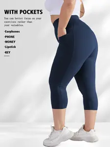 High Waist Plus Size 7/8 Pants, Side Pockets for Phone Storage, High Elasticity Yoga Leggings, Women's Fitness Running Casual Seven-Quarter Pants