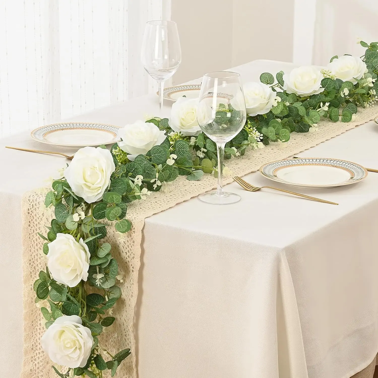 Neverwilt. x Dolicer Silky Faux Eucalyptus & Rose Plant Garland, 2-Pack (13FT Each, Total 26FT White) for Wedding Table Decor, Bridal Arch & Holiday Home Decor
