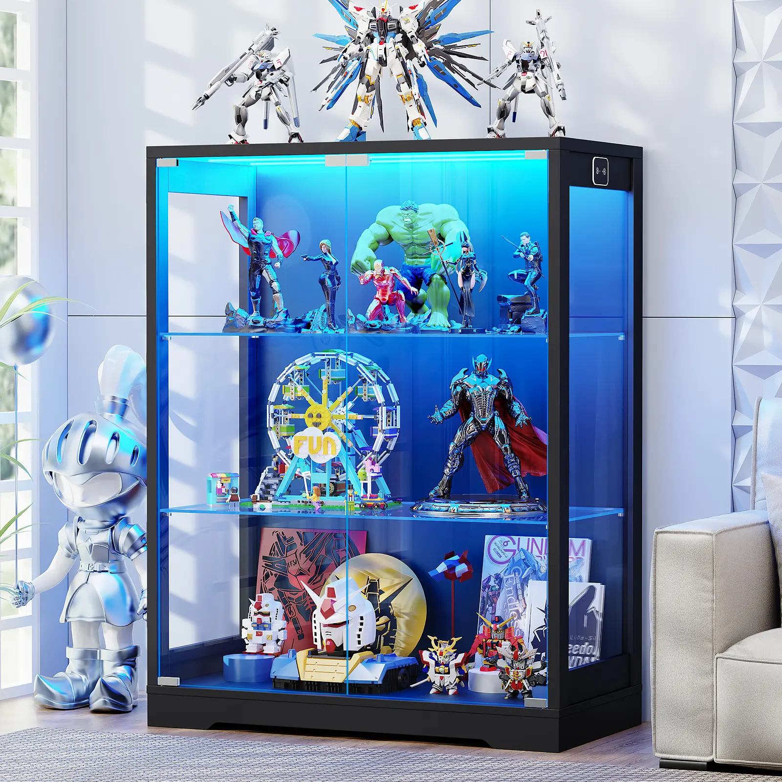 MIIFUNY Display Cabinet with Glass Door, Curio Cabinet with 3 Color Lights for Collectibles, 3-Tier Glass Display Case with Adjustable Glass Shelves & Human Body Sensor, Storage Cabinets, Black