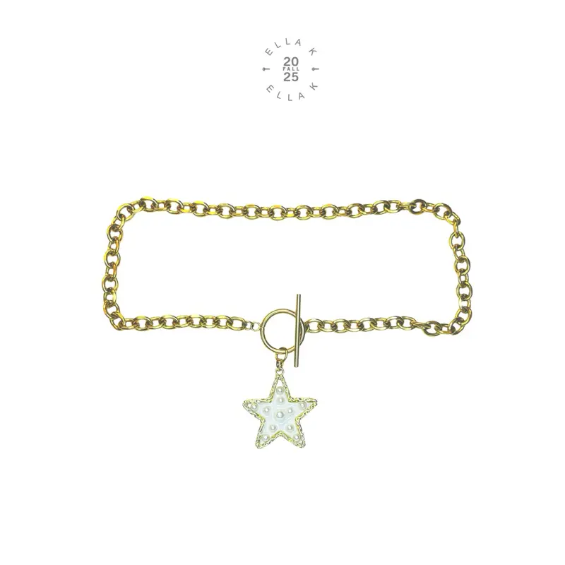Faux Pearl Star Chunky Gold Chain Necklace / Gold Plated Stainless Steel Oval Chain Star Charm Necklace /  Pearl Star Necklace / Fashion Jewelry Necklace