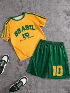 Brazil Team No. 10 Boys' Sports Set, Summer Vitality Short Sleeve Shorts Two-Piece Fan Style, Casual All Seasons Wear, Football Uniform