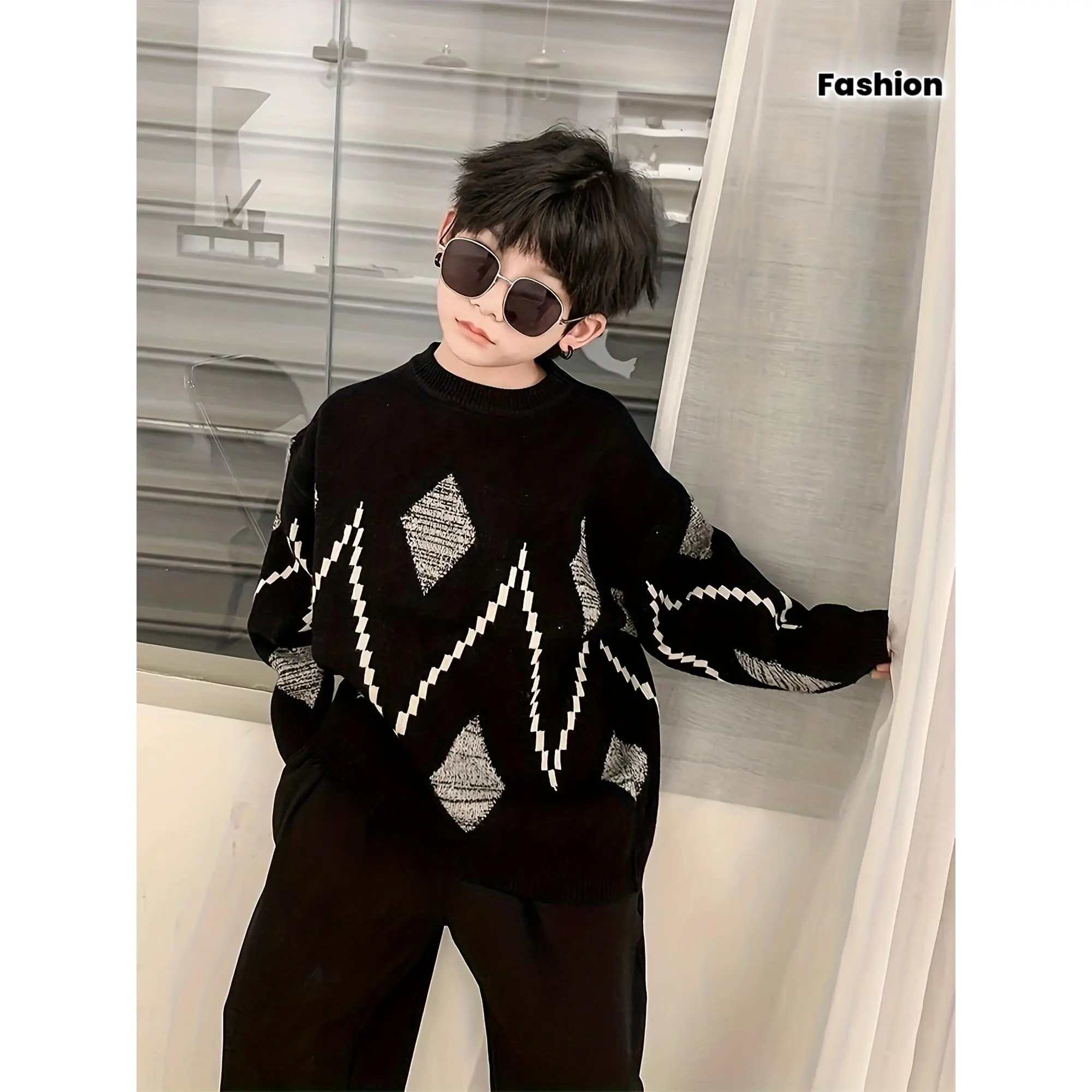 Boys' Acrylic Blend Colorblock Nylon Pullover Sweater - Autumn/Winter Round Neck Long Sleeve Checkered Warm Knitwear for 3-14 Years, Ideal for Daily Wear, School Outfits