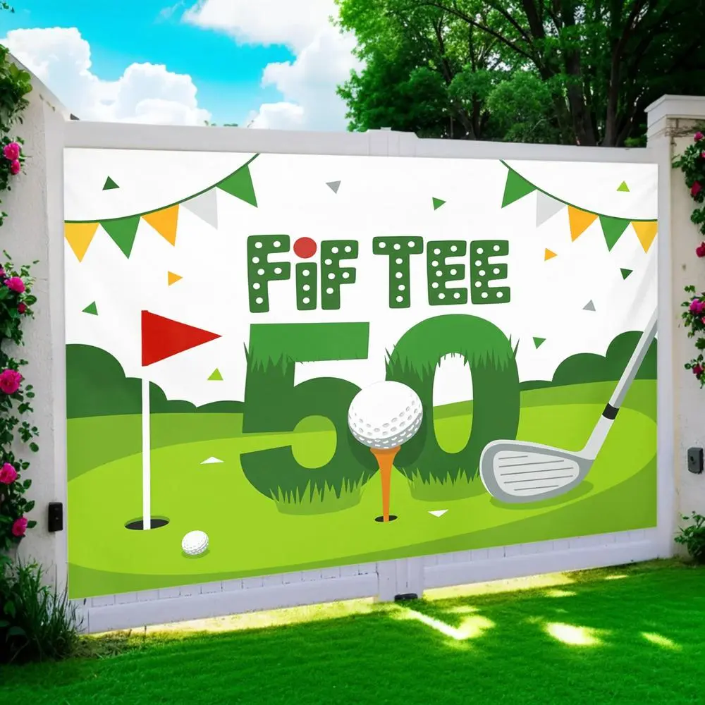 1pc Golf 50th Birthday Party Backdrop - Wall Decor Banner, White Arch Polyester Backdrop, Easy-Hang Design, No Electricity Needed, Indoor/Outdoor Golf-Themed Decor with Layout, Sand Traps, Flags, White Arch Backdrop