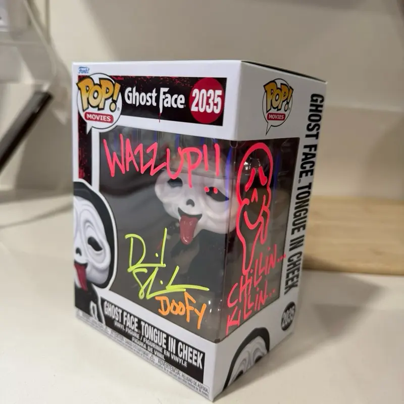 Funko Ghostface Signed Vinyl Figure - Dave Sheridan Autographed, Quoted, SWAU Verified, New Tongue Variant, Triple Color, Reactive Authentic Horror TV/Movie Character Collectible Gift