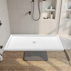 VEVOR Shower Pan, 60 Lx 36 W Single Threshold Shower Base, Rectangle Acrylic PVC Showering Base in White, Slip-Resistant Showering Pan Bases with Drain Cover for Bathroom, Center Drain Location