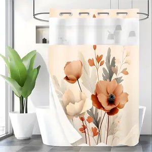LVRLVR 1pc Boho Floral Shower Curtain with Sheer Top Window, Detachable Liner & No Hook C-Ring, 70.8" x 74"