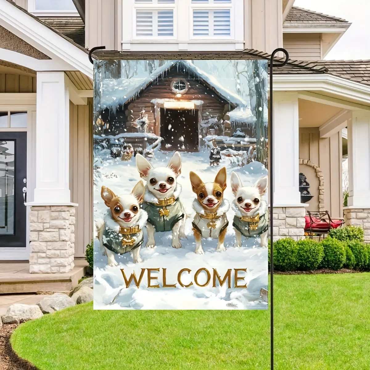 Cute Chihuahua Dog Welcome Garden Flag Polyester Double-Sided Decorative Flag for Lawn and Garden, Christmas Winter Theme, No Electricity Required