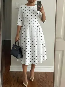 Women's Polka Dot Print Three-Quarter Sleeve A-Line Midi Dress, Elegant Office Wear, Casual Wear, Stylish Daily, Model 8376
