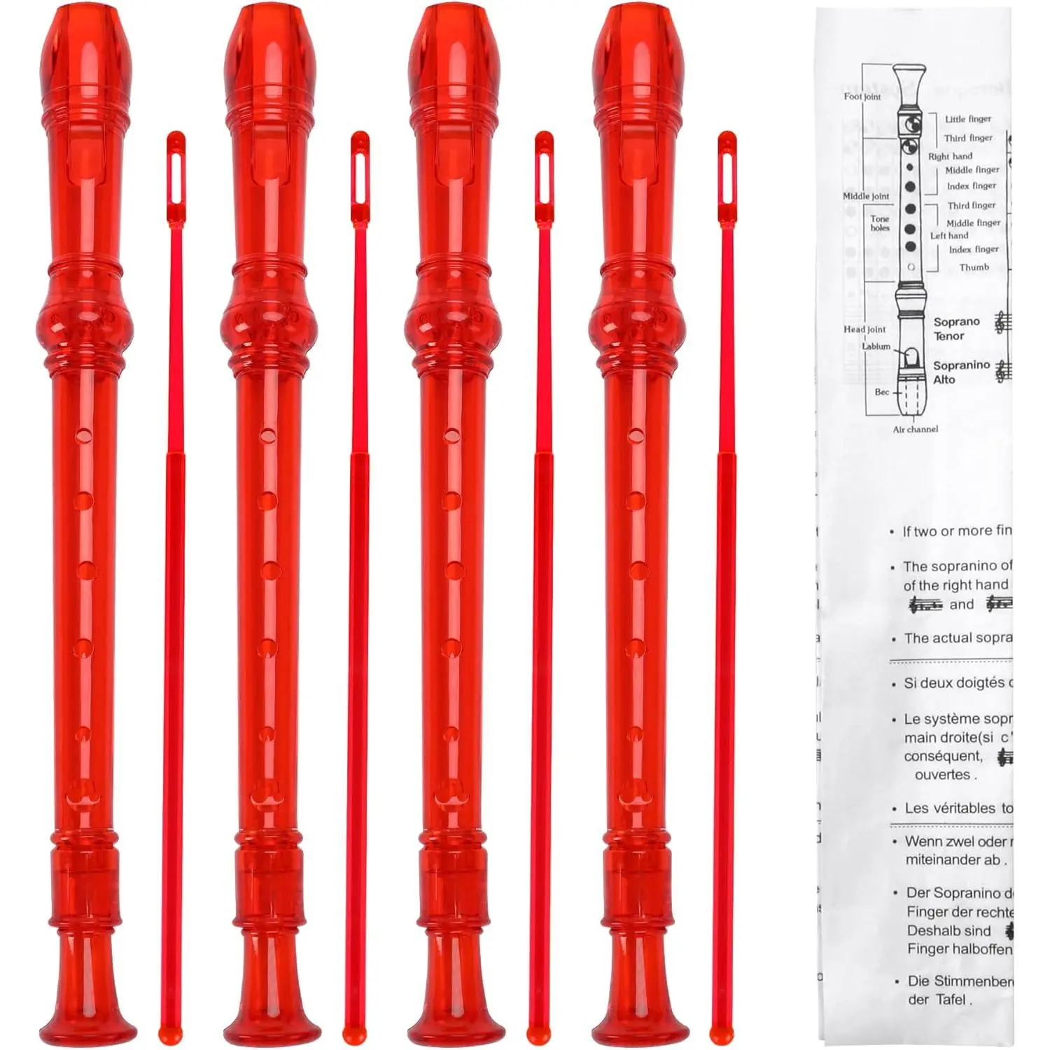 8-Hole Plastic Soprano Descant Recorders (4-Pack) for Beginners, Durable and Lightweight, Precision Design, Easy to Clean, with Cleaning Rod, Instruction Manual, Storage Bag, Manufacturer Warranty (Ruby Red)