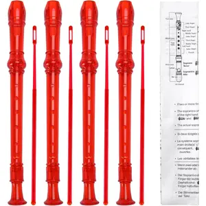 4-Pack 8 Hole Plastic Soprano Descant Recorders for Beginners and Students, Durable and Lightweight, with Cleaning Rod, Instruction Manual, Storage Bag (Clear Red)