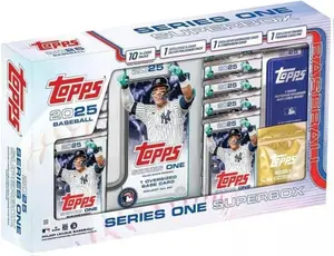 Topps 2025 Baseball SuperBox - 10 Packs with 14 Cards, 1 Oversized Base Card, 1 Companion Card & Wrapped Enamel Pin - Celebrate the 2025 Baseball Season