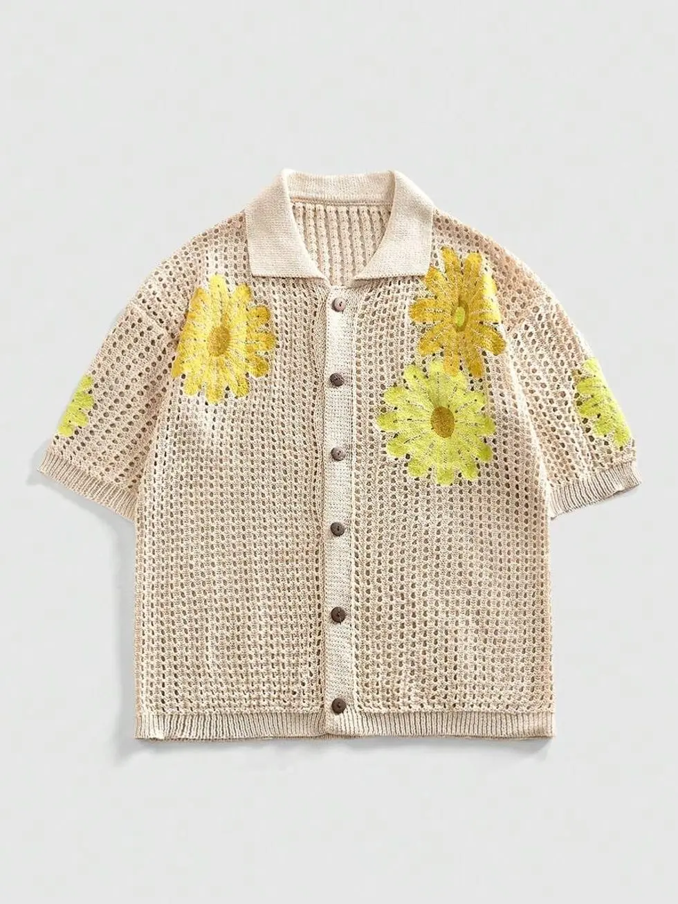 Sweaters - Men's Sunflower Crochet Cardigan, Lightweight Breathable Short Sleeve Shirt, Summer Beach Top mens clothing male clothing streetwear clothing fall clothing sweater clothing for men fall sweaters fall sweaters