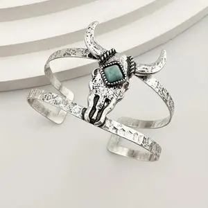 For Women Turquoise Western Cow Cattle Bangle Bracelet Jewelry Gift Head Decor Cuff Green Imperial Jade