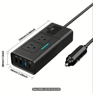 200W Car Power Inverter: 5 USB Ports & Car Plug Adapter - DC 12V To 110V Charger.