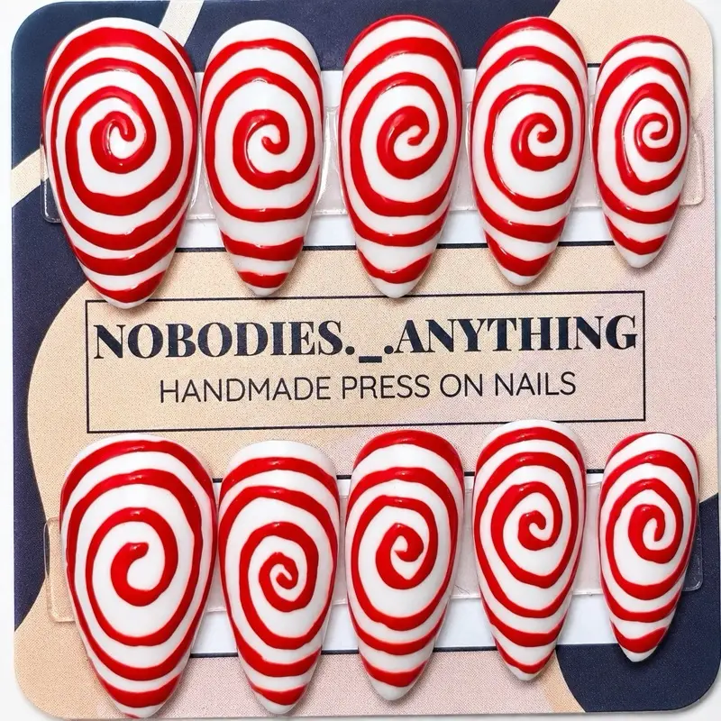 Red Swirl Handmade Press on Nails, Cubic Zirconia Accent, Classic Elegant Design for Semi Formal Occasions & Anniversary Events