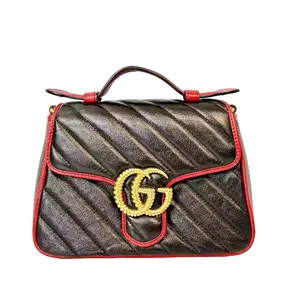 Pre-owned Leather Clutch & Evening Gucci Black and Red Matelassé GG Marmont Mini/Small Satchel