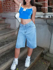 Trendy Women's Bermuda Denim Shorts, Y2K Street Style, Summer Essential Practical Loose Button Shorts, Daily Wear, Vacation, Music Festival Must-Have