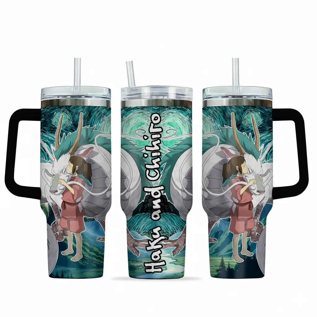 Studio Ghibli Spirited Away Haku and Chihiro 40oz Insulated Stainless Steel Water Bottle - Kitchenware Drinkware with Lid, Handle, Straw, Starry Night Aesthetic, Portable Reusable Flask, Anime Gift for Fans, Insulation