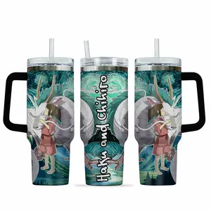 Spirited Away Haku and Chihiro 40oz Tumbler with Handle and Straw | Starry Night Aesthetic Anime Insulated Travel Mug | Studio Ghibli Gift for Fans