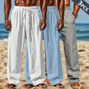 3-Pack Casual Pants [95% Linen Long Pants] Stylish minimalist men’s casual loose fit with drawstring elastic waistband, 95% linen, 5% polyester | Breathable—ideal for indoor gatherings, beach, outdoor activities, and exclusive occasions | Suitable for all