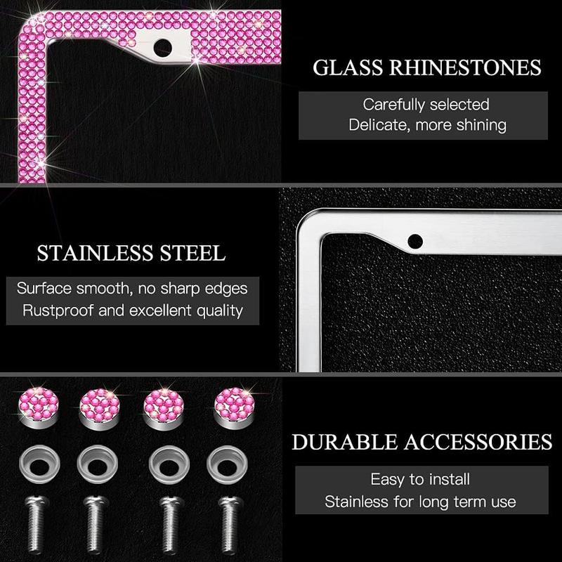 2 Pack Bling License Plate Frame，Handcrafted Bling Rhinestone Premium Stainless Steel License Plate Frame，14 Facets Clear Color Rhinestone Crystal (Pink&Pink-Bow)
