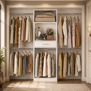 Homieasy 8FT Closet System, 96 Inch Walk-in Closets Organizer Kit with 4 Extendable Hanging Rods and Drawer, Protable Wardrobe Closet Storage Organizer with Adjustable Wood Garment Rack