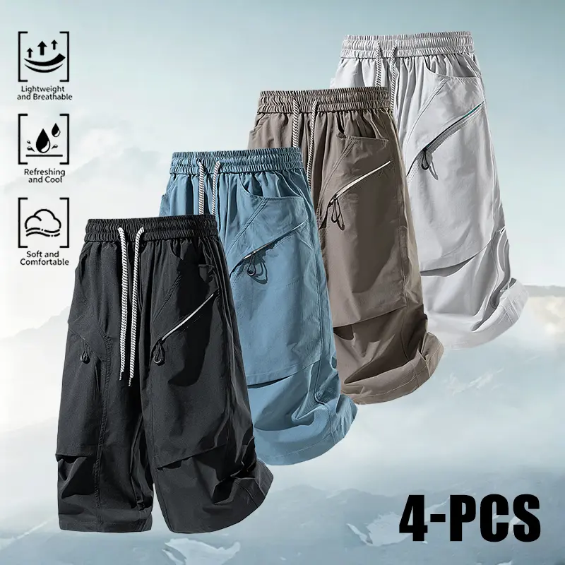 4-pack men’s casual solid-color 7/8 pants with multiple pockets on both sides, elastic drawstring waist, polyester fabric—breathable and comfortable; suitable for everyday wear, dates, walks, sports, and home activities.fathersdaygift
