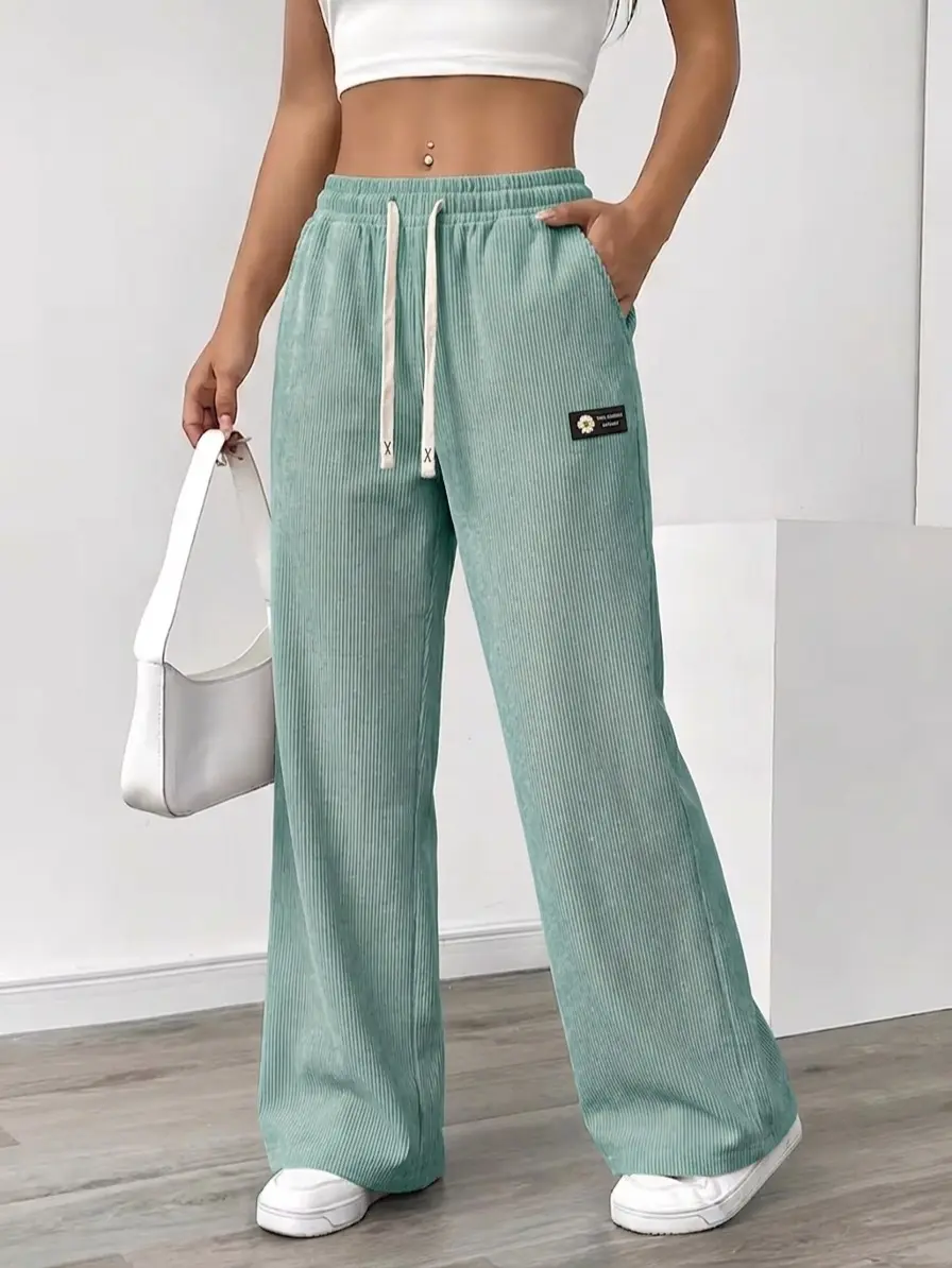 Women's Corduroy Sweatpants with Drawstring Waist, Casual Pocketed Polyester Bottoms for Everyday Wear, Polyester Clothes, Comfy Pants