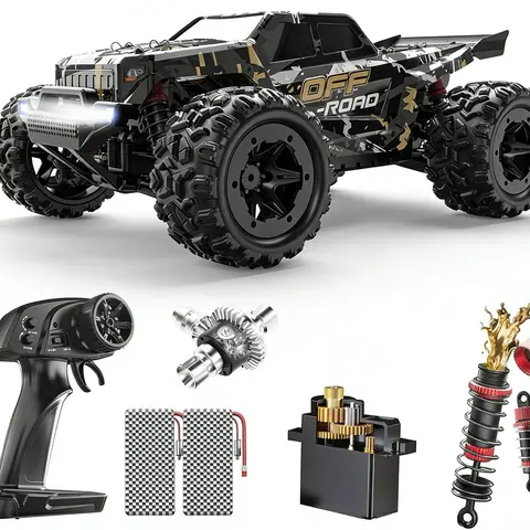 DEERC 1:16 4WD All Terrain Electric RC Model Car - 40km/h Fast 2.4Ghz RC Controlled Truck Toy, Wheelie Bar, LED Headlights, 2 Batteries (40 Mins Playtime, Separately Packed), Conquers Sand/Mud/Grass, 12+ Ages Gift for 12 Years Above