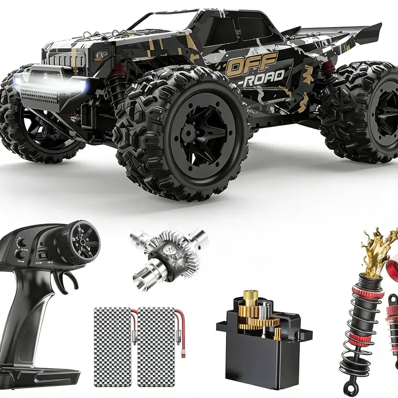 DEERC 1:16 4WD All Terrain Electric RC Model Car - 40km/h Fast 2.4Ghz RC Controlled Truck Toy, Wheelie Bar, LED Headlights, 2 Batteries (40 Mins Playtime, Separately Packed), Conquers Sand/Mud/Grass, 12+ Ages Gift for 12 Years Above