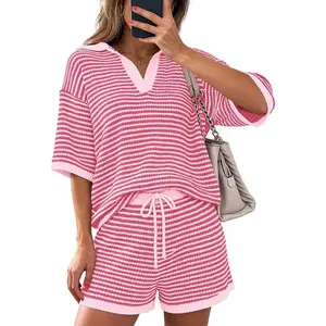 PrettyGarden Women Striped 2 Piece Lounge Sets Short Sleeve V Neck Tops Drawstring Short Sets Beach Summer Outfits