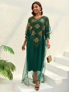 Emerald Green Sheer Kaftan Cover Up with Gold Sequins | Luxury Kaftan Embroidery Abaya for Eid/Wedding/Party Cx32