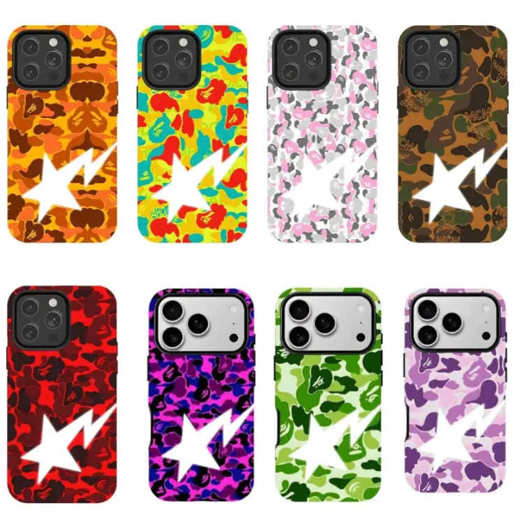 Bape Full-Color Camouflage "Lightning Star" phone Cases For iPhone 17 16 15 14 13 12 Promax Pro Plus, hard shell protection ,Unique design,best Gift