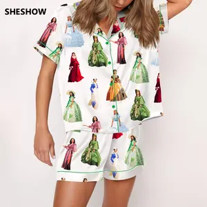 SHESHOW Pride And Prejudice / Scarlett Vintage Satin Pajama Set For Women Print Comfy Satin Sleepwear & Loungewear Pjs Printing Silky Top & Bottoms