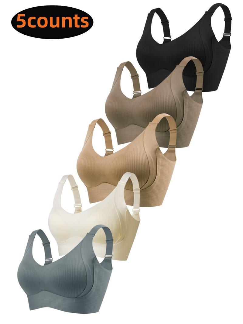 5/6Pack Solid Color Push Up Wireless Bra, Comfortable Breathable Lingerie For Everyday Wear