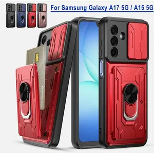 Compatible with Samsung Galaxy A17 5G Case Built in Slide Camera Lens Cover+Screen Protector+Finger Ring Holder Kickstand+insert card,Heavy Duty Shockproof Full Body Phone Cover,Black：6.7-inch
