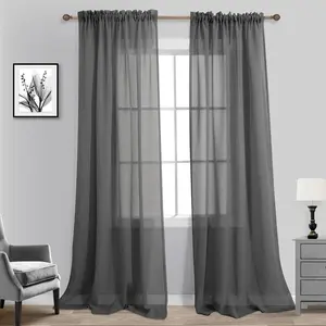 KOUFALL Dark Grey Sheer Curtains 84 Inches Long,Linen Look Rod Pocket Window Curtains for Living Room Bedroom,2 Panels Set,Charcoal Gray