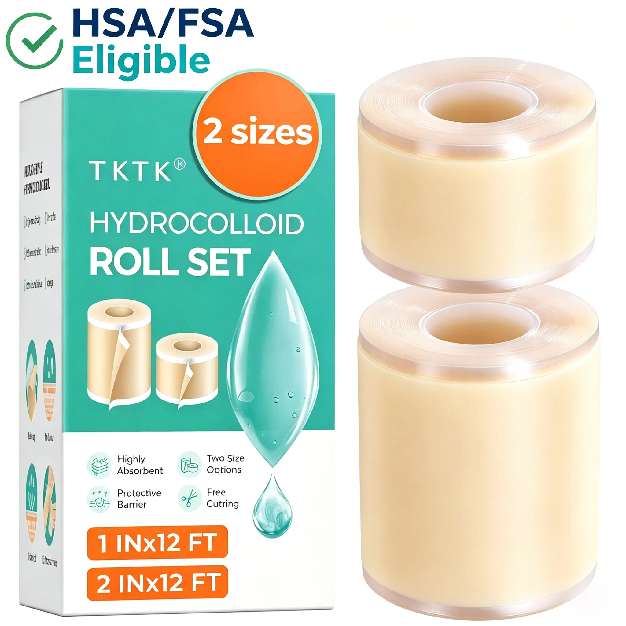 (HSA/FSA Eligible) SohoChic 2-Size Hydrocolloid Scar Tape Roll - 2in×12ft + 1In*12Ft First Aid Adhesion Plasters & Dressing Supplies, Healing, Waterproof Seal, Easy-Peel Backing, Ultra-Absorbent for Wound, Blister, Burn Care, Travel Bag Compatible