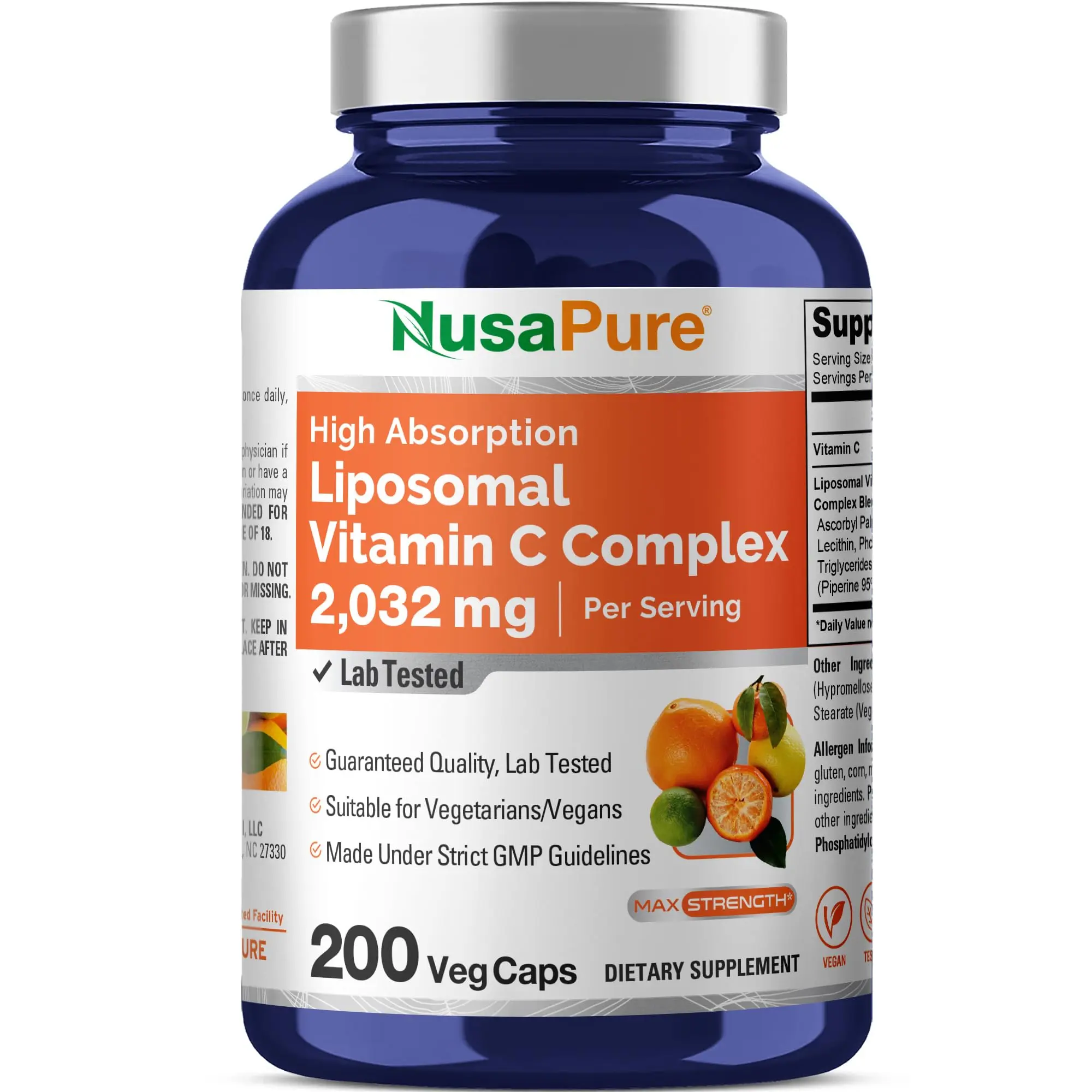 NusaPure Liposomal Vitamin C 2032mg Dietary Supplement Capsules - 200 Vegan Veggie Caps, with BioPerine, High-Absorption Natural Ascorbic Acid, Immune & Collagen-Boosting Formula