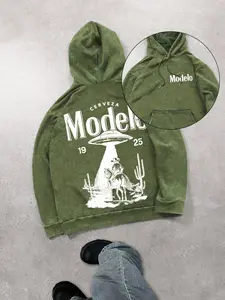 Mexican beer and UFO men's street retro style washed hooded sweatshirt, fashionable and trendy casual long-sleeved hoodie, men's spring and autumn style.