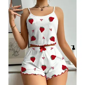 Summer Women's Pajamas Set Cherry Print Frill Trim Ribbed Round Neck Backless Crop Cami Top & Shorts Set Loungewear