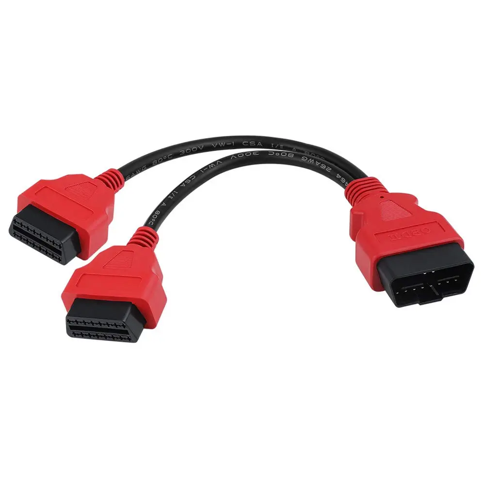 iKKEGOL 30cm/12 inch Ultra Low Profile OBDII Extension Cable, OBD II 2 Splitter Cable,1 Male to 2 Dual Female J1962 Ports Extension Connector Adapter Red